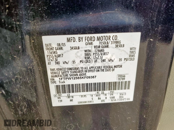 2005 Ford F-150 XLT with VIN 1FTPW12585KF09387, listed as a Copart auction lot 59563175 with 194,153 mi miles and Salvage title. Bid and sale history available at DreamBid. Image 12.
