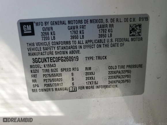 2015 Chevrolet Silverado 1500 High Country with VIN 3GCUKTEC0FG260919, listed as a Copart auction lot 47129225 with 147,571 mi miles and Salvage Title. Bid and sale history available at carsss.com. Image 14.