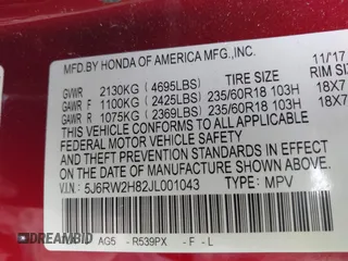 2018 Honda CR-V EX-L with VIN 5J6RW2H82JL001043, listed as a IAAI auction lot 41892432 with 91,751 mi miles. Bid and sale history available at carsss.com. Image 9.