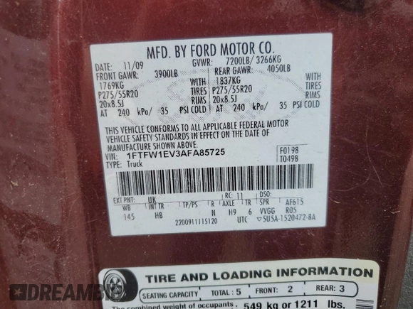 2010 Ford F-150 XL с VIN 1FTFW1EV3AFA85725, выставлен на аукционе Copart как лот 58799035 с пробегом 245 116 миль миль и Чистый • Clean title. История ставок и продаж доступна на DreamBid. Изображение 12.