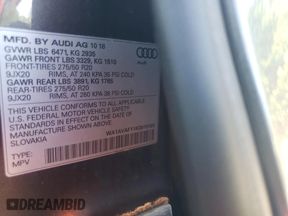 2019 Audi Q8 Premium с VIN WA1AVAF11KD010103, выставлен на аукционе Copart как лот 61801585 с пробегом 26 625 миль миль и Списание • Salvage title. История ставок и продаж доступна на DreamBid. Изображение 13.