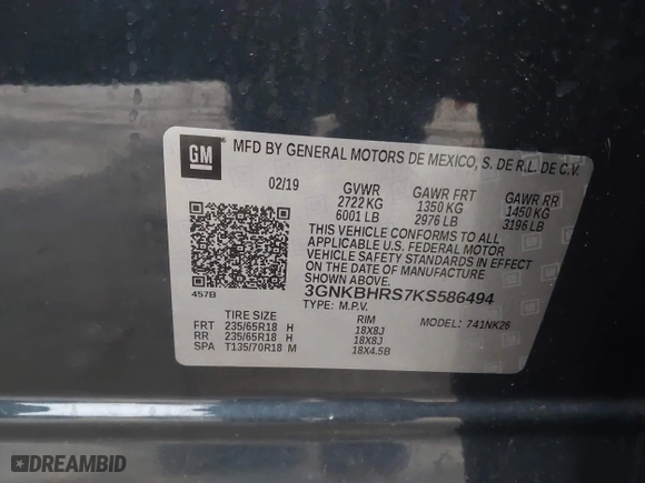 2019 Chevrolet Blazer with VIN 3GNKBHRS7KS586494, listed as a IAAI auction lot 41504223 with 1 mi miles. Bid and sale history available at carsss.com. Image 9.