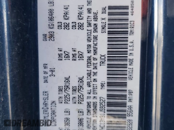 2001 Dodge 1500 with VIN 1B7HC13Y91J592527, listed as a Copart auction lot 53658065 with 207,902 mi miles and Salvage Title. Bid and sale history available at DreamBid. Image 12.