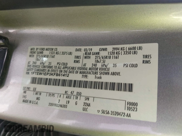 2019 Ford F-150 XL with VIN 1FTEW1EP3KFB61412, listed as a IAAI auction lot 42242393 with 117,503 mi miles and . Bid and sale history available at DreamBid. Image 9.