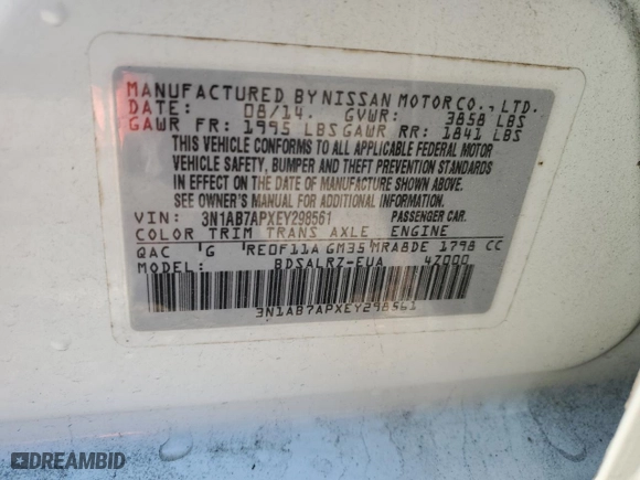 2014 Nissan Sentra SV with VIN 3N1AB7APXEY298561, listed as a Copart auction lot 48133025 with 73,953 mi miles and Salvage Title. Bid and sale history available at carsss.com. Image 13.