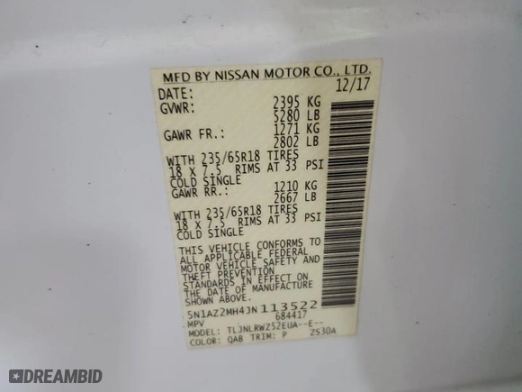 2018 Nissan Murano Platinum with VIN 5N1AZ2MH4JN113522, listed as a Copart auction lot 48175525 with 72,228 mi miles and Salvage Title. Bid and sale history available at carsss.com. Image 13.