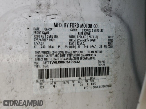 2024 Ford Maverick XLT with VIN 3FTTW8J98RRA99932, listed as a Copart auction lot 52291665 with 14,397 mi miles and Salvage title. Bid and sale history available at DreamBid. Image 12.