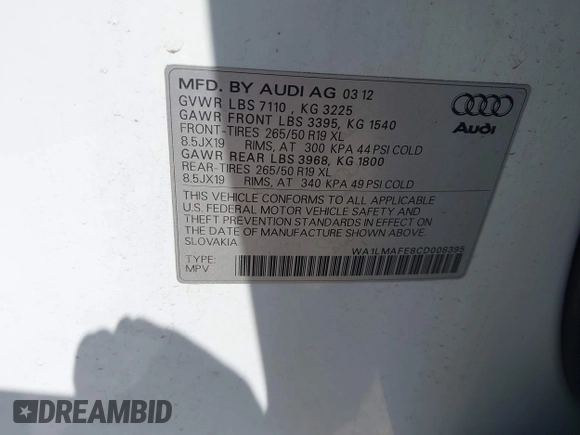 2012 Audi Q7 Premium Plus with VIN WA1LMAFE8CD008395, listed as a IAAI auction lot 42389891 with 157,131 mi miles and . Bid and sale history available at DreamBid. Image 9.