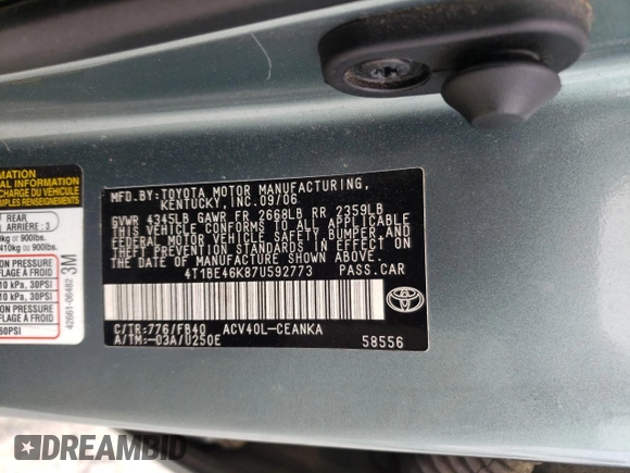 2007 Toyota Camry CE with VIN 4T1BE46K87U592773, listed as a Copart auction lot 53147595 with 164,364 mi miles and Salvage Title. Bid and sale history available at carsss.com. Image 12.