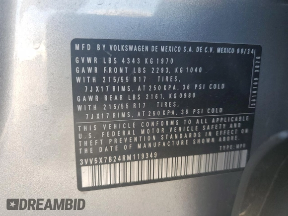 2024 Volkswagen Taos S с VIN 3VV5X7B24RM119349, выставлен на аукционе Copart как лот 54266065 с пробегом 14 162 миль миль и Списание • Salvage title. История ставок и продаж доступна на DreamBid. Изображение 13.