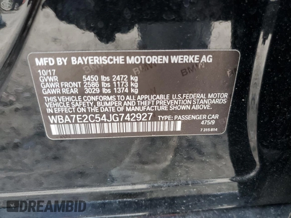 2018 BMW 7 Series 740i with VIN WBA7E2C54JG742927, listed as a Copart auction lot 70306082 with 69,735 mi miles. Bid and sale history available at carsss.com. Image 14.