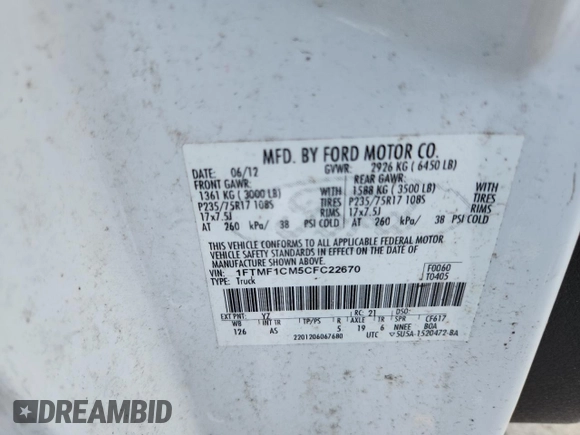 2012 Ford F-150 XL with VIN 1FTMF1CM5CFC22670, listed as a Copart auction lot 63922655 with Not provided miles and Salvage title. Bid and sale history available at DreamBid. Image 12.
