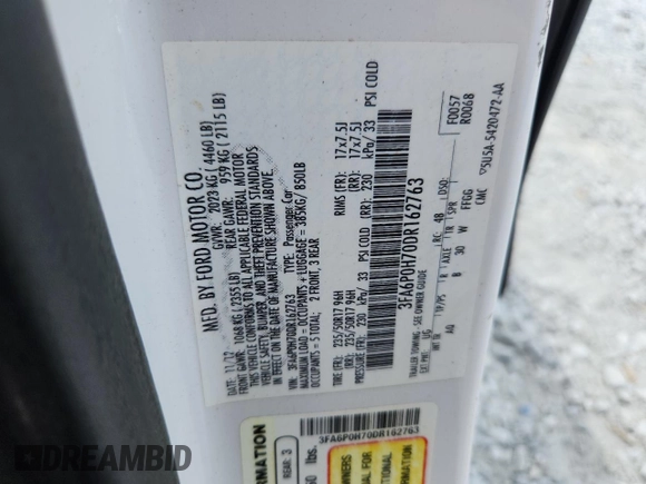 2013 Ford Fusion SE with VIN 3FA6P0H70DR162763, listed as a Copart auction lot 58632905 with 174,753 mi miles and Salvage title. Bid and sale history available at DreamBid. Image 12.