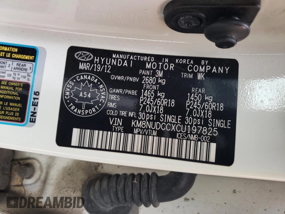 2012 Hyundai Veracruz Limited with VIN KM8NUDCCXCU197825, listed as a Copart auction lot 52747625 with Not provided miles and Clean title. Bid and sale history available at DreamBid. Image 13.