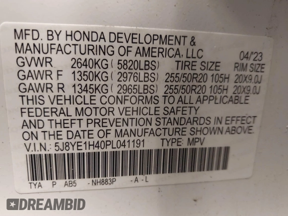 2023 Acura MDX w/Technology Package with VIN 5J8YE1H40PL041191, listed as a IAAI auction lot 41390022 with 6,074 mi miles. Bid and sale history available at carsss.com. Image 9.
