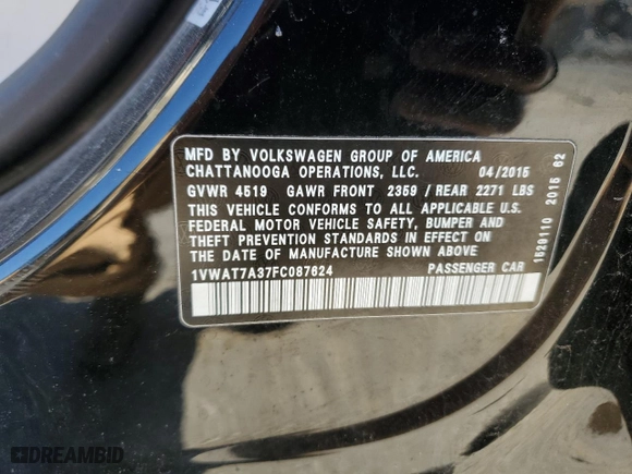 2015 Volkswagen Passat 1.8T Limited Edition with VIN 1VWAT7A37FC087624, listed as a Copart auction lot 46979885 with 189,840 mi miles and Salvage Title. Bid and sale history available at carsss.com. Image 13.