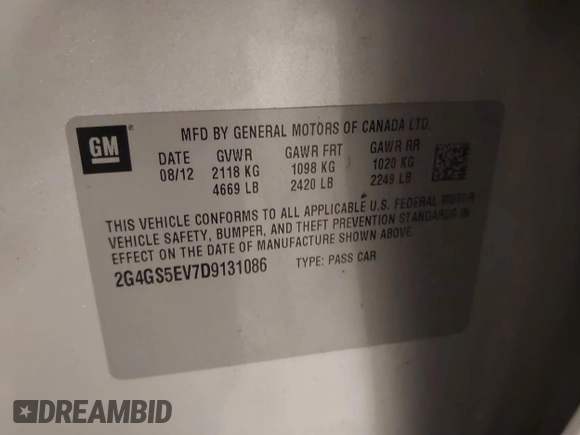 2013 Buick Regal Turbo Premium 1 with VIN 2G4GS5EV7D9131086, listed as a IAAI auction lot 41531035 with 160,322 mi miles and . Bid and sale history available at DreamBid. Image 9.