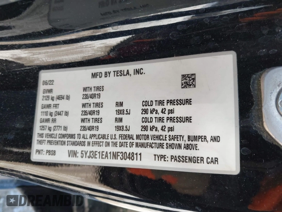 2022 Tesla Model 3 with VIN 5YJ3E1EA1NF304811, listed as a IAAI auction lot 41559342 with 29,597 mi miles and . Bid and sale history available at DreamBid. Image 9.