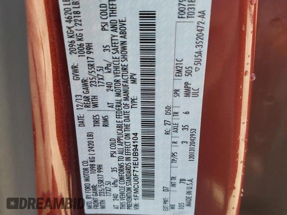 2014 Ford Escape S с VIN 1FMCU0F71EUB94104, выставлен на аукционе Copart как лот 50630175 с пробегом 236 549 миль миль и Списание • Salvage title. История ставок и продаж доступна на DreamBid. Изображение 13.
