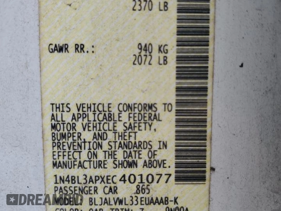 2014 Nissan Altima S with VIN 1N4BL3APXEC401077, listed as a Copart auction lot 44379625 with 106,854 mi miles and Salvage title. Bid and sale history available at DreamBid. Image 12.