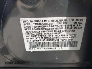 2007 Honda Pilot EX-L z VIN 5FNYF18517B001550, wystawiony jako IAAI lot #42263555 z przebiegiem 246 317 mil mil oraz . Historia ofert i sprzedaży dostępna na DreamBid. Obrazek 9.