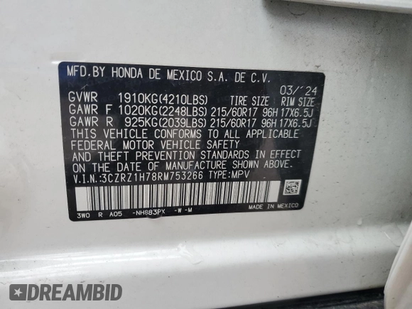 2024 Honda HR-V EX-L z VIN 3CZRZ1H78RM753266, wystawiony jako Copart lot #45585775 z przebiegiem Nie podano mil oraz Szkoda całkowita • Salvage title. Historia ofert i sprzedaży dostępna na DreamBid. Obrazek 15.