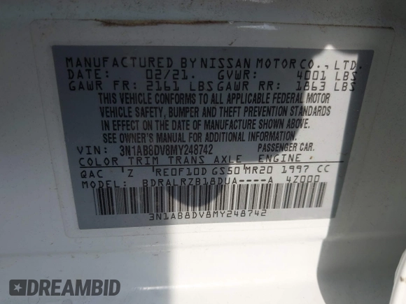 2021 Nissan Sentra SR z VIN 3N1AB8DV8MY248742, wystawiony jako IAAI lot #42034660 z przebiegiem 47 801 mil mil oraz . Historia ofert i sprzedaży dostępna na DreamBid. Obrazek 9.