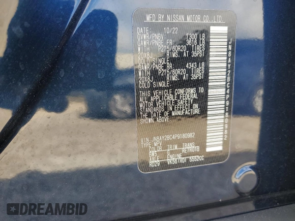 2023 Nissan Armada SL with VIN JN8AY2BC4P9180982, listed as a Copart auction lot 71294334 with 6,575 mi miles and Non Repairable. Bid and sale history available at carsss.com. Image 12.