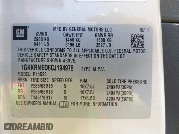 2012 GMC Acadia SL with VIN 1GKKRNED6CJ194978, listed as a IAAI auction lot 42683554 with 136,420 mi miles and . Bid and sale history available at DreamBid. Image 9.
