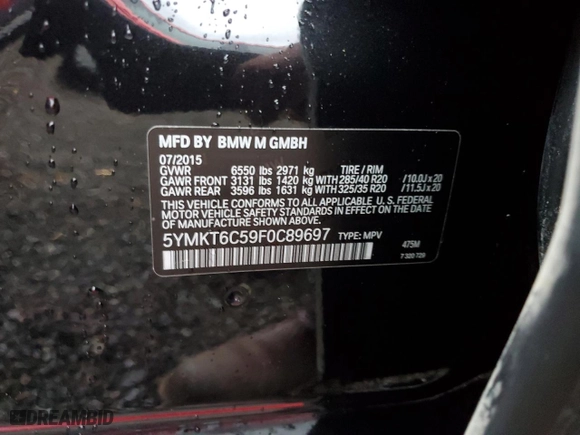2015 BMW X5 M with VIN 5YMKT6C59F0C89697, listed as a Copart auction lot 80650234 with 50,367 mi miles and Salvage Title. Bid and sale history available at carsss.com. Image 13.