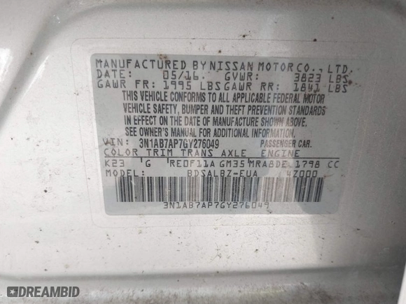 2016 Nissan Sentra SR with VIN 3N1AB7AP7GY276049, listed as a IAAI auction lot 42010221 with 90,130 mi miles. Bid and sale history available at carsss.com. Image 9.