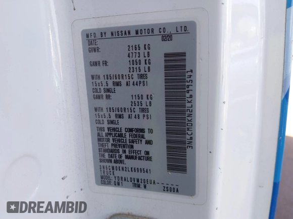 2020 Nissan NV200 S with VIN 3N6CM0KN2LK699541, listed as a IAAI auction lot 42073555 with 117,703 mi miles and . Bid and sale history available at DreamBid. Image 9.