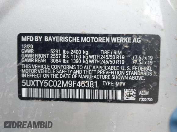 2021 BMW X3 xDrive30i with VIN 5UXTY5C02M9F46381, listed as a IAAI auction lot 41867265 with 32,926 mi miles and . Bid and sale history available at DreamBid. Image 9.