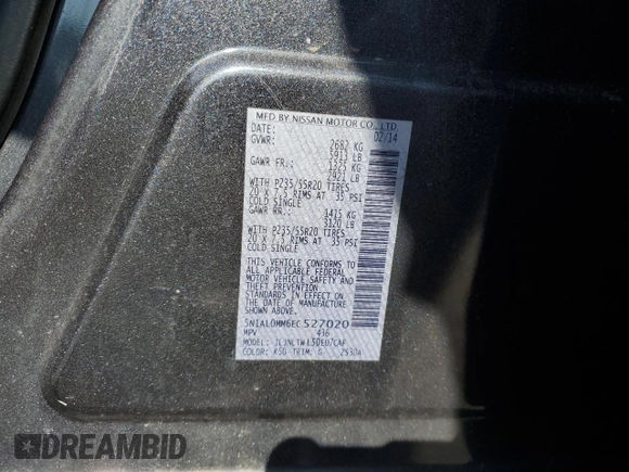 2014 Infiniti QX60 with VIN 5N1AL0MM6EC527020, listed as a Copart auction lot 59919975 with 185,770 mi miles and Clean title. Bid and sale history available at DreamBid. Image 13.