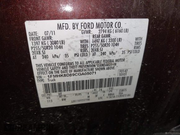 2012 Ford Explorer XLT с VIN 1FMHK8D89CGA05071, выставлен на аукционе IAAI как лот 42794722 с пробегом 66 083 миль миль и . История ставок и продаж доступна на DreamBid. Изображение 9.