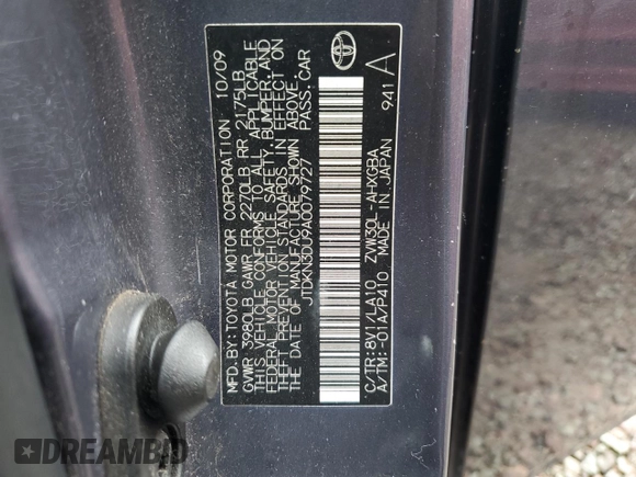 2010 Toyota Prius II with VIN JTDKN3DU9A0079727, listed as a Copart auction lot 55866005 with 195,222 mi miles and Clean Title. Bid and sale history available at DreamBid. Image 12.