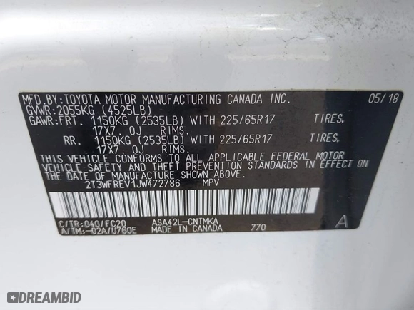 2018 Toyota RAV4 XLE with VIN 2T3WFREV1JW472786, listed as a IAAI auction lot 39980689 with 63,535 mi miles. Bid and sale history available at carsss.com. Image 9.