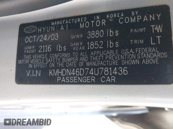 2004 Hyundai Elantra GLS z VIN KMHDN46D74U781436, wystawiony jako IAAI lot #42260519 z przebiegiem 132 943 mil mil oraz . Historia ofert i sprzedaży dostępna na DreamBid. Obrazek 9.