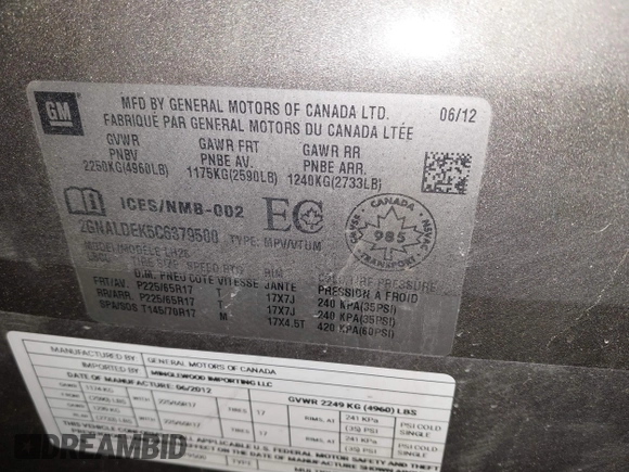 2012 Chevrolet Equinox LT w/1LT with VIN 2GNALDEK5C6379500, listed as a IAAI auction lot 41521890 with 164,385 mi miles. Bid and sale history available at carsss.com. Image 9.