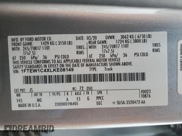 2020 Ford F-150 XL with VIN 1FTEW1C4XLKE08149, listed as a Copart auction lot 49164625 with Not provided miles and Salvage title. Bid and sale history available at DreamBid. Image 12.