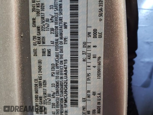 2020 Ford Escape SE with VIN 1FMCU9G62LUA94715, listed as a Copart auction lot 48569505 with 46,657 mi miles and Salvage title. Bid and sale history available at DreamBid. Image 13.