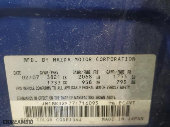 2007 Mazda Mazda3 i Sport with VIN JM1BK32F771716095, listed as a Copart auction lot 45545815 with 278,433 mi miles and Salvage Title. Bid and sale history available at carsss.com. Image 12.