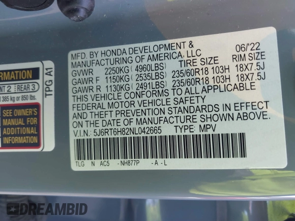 2022 Honda CR-V EX-L with VIN 5J6RT6H82NL042665, listed as a IAAI auction lot 41704595 with 43,721 mi miles and . Bid and sale history available at DreamBid. Image 9.