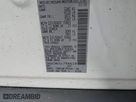 2020 Nissan Rogue SL with VIN 5N1AT2MV7LC794619, listed as a IAAI auction lot 41419401 with 43,352 mi miles and . Bid and sale history available at DreamBid. Image 9.