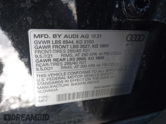2022 Audi SQ7 Premium Plus z VIN WA1AWBF77ND004382, wystawiony jako IAAI lot #41537565 z przebiegiem 49 833 mil mil oraz . Historia ofert i sprzedaży dostępna na DreamBid. Obrazek 9.