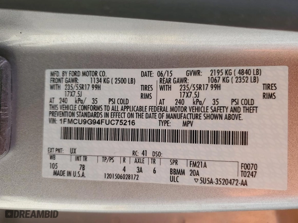 2015 Ford Escape SE with VIN 1FMCU9G94FUC75216, listed as a Copart auction lot 47737775 with 118,021 mi miles and Salvage Title. Bid and sale history available at carsss.com. Image 13.