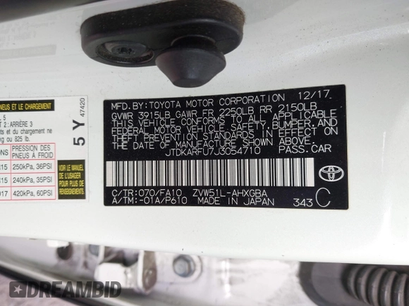 2018 Toyota Prius Two with VIN JTDKARFU7J3054710, listed as a IAAI auction lot 41372798 with 347,148 mi miles. Bid and sale history available at carsss.com. Image 9.