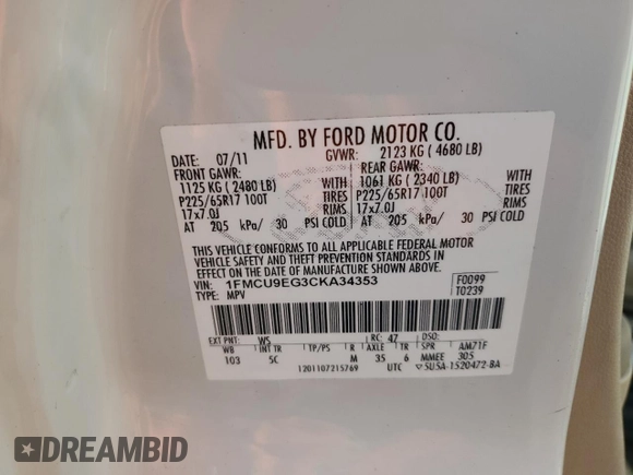 2012 Ford Escape Limited with VIN 1FMCU9EG3CKA34353, listed as a Copart auction lot 60621375 with 199,984 mi miles and Salvage title. Bid and sale history available at DreamBid. Image 13.