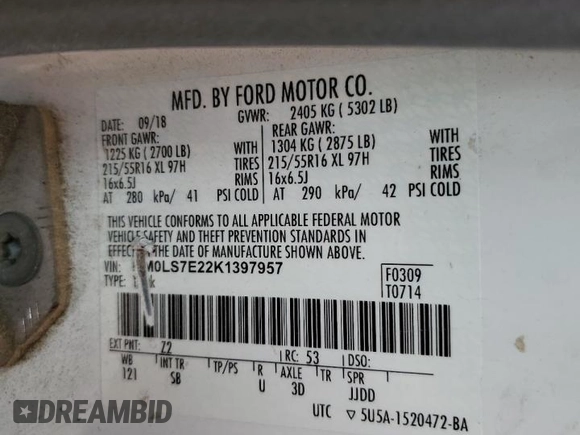 2019 Ford Transit Connect XL with VIN NM0LS7E22K1397957, listed as a Copart auction lot 62169955 with Not provided miles and Clean title. Bid and sale history available at DreamBid. Image 13.