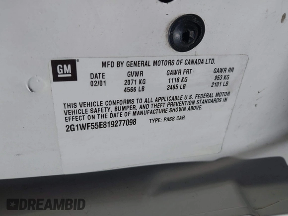2001 Chevrolet Impala с VIN 2G1WF55E819277098, выставлен на аукционе IAAI как лот 42739300 с пробегом 106 488 миль миль и . История ставок и продаж доступна на DreamBid. Изображение 9.